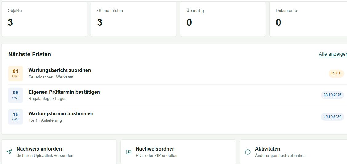 Echte Testansicht: drei Objektakten mit eigenen Terminen, Verknüpfungen zu Nachweisanforderung und Export.